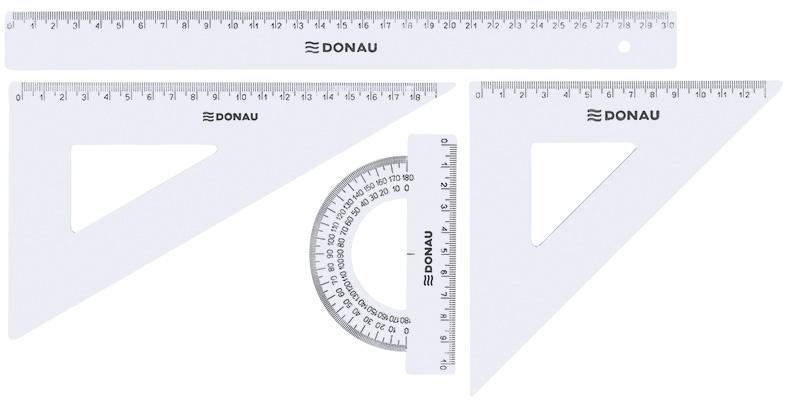 Koolikomplekt (joonlaud 30cm, kolmnurgad 45` ja 60`, mall) läbipaistev, Donau