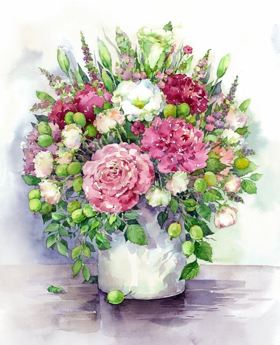 TEEMANTMAAL BRIGHT PEONIES WITH GREEN FRUITS IN AWHITE VASE 40X50CM