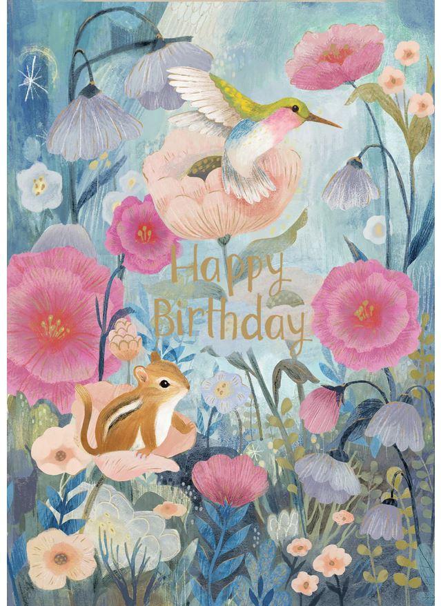 Õnnitluskaart Chipmunk & Hummingbird, Happy Birthday