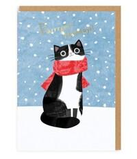 JÕULUKAART BLACK AND WHITE CAT WITH RED SCARF